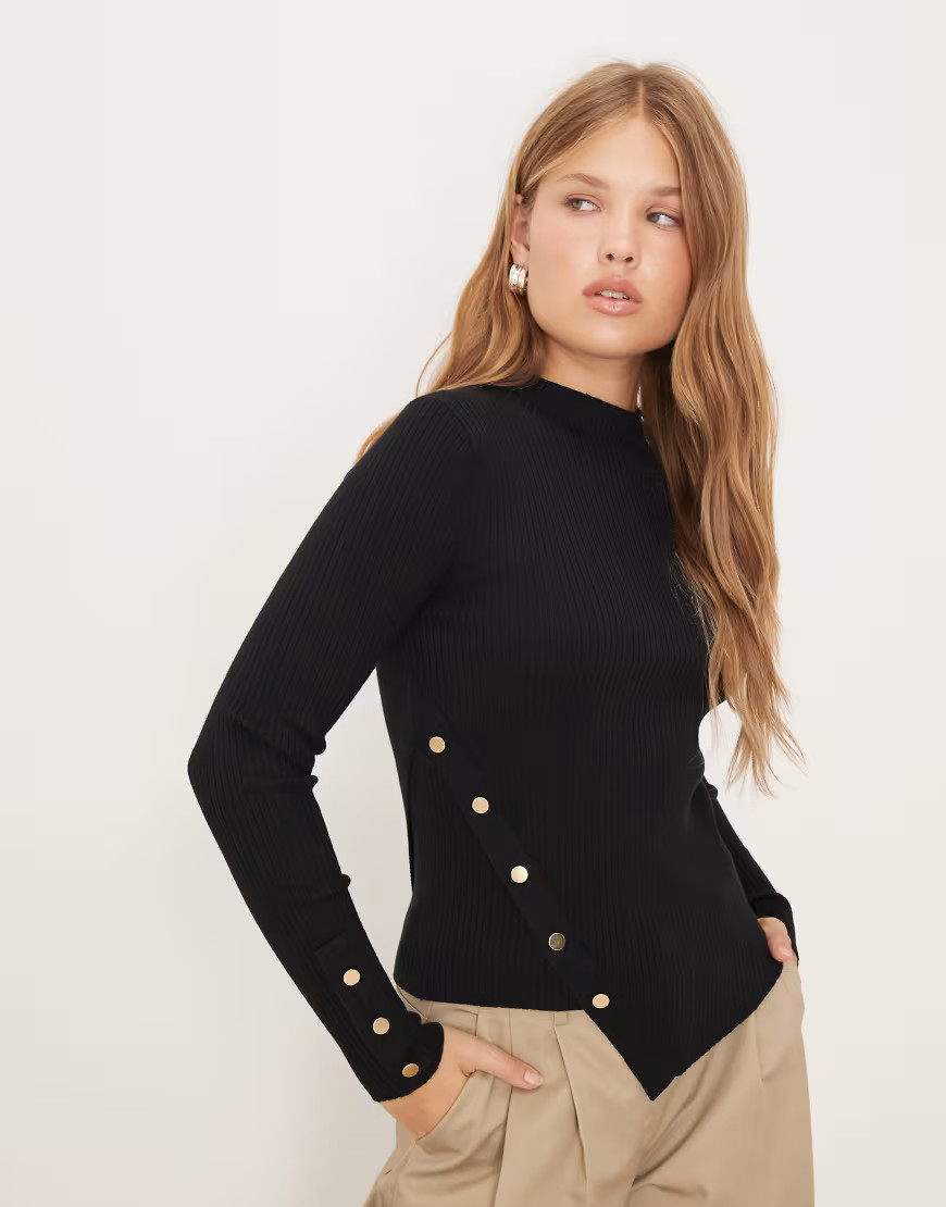 Mango asymmetric knitted top with gold buttons in black | ASOS (Global)