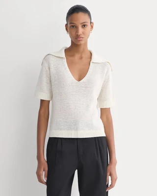 Everlane Open Collar Polo Sweater In Bone, Size Large, Cotton/Linen | Everlane