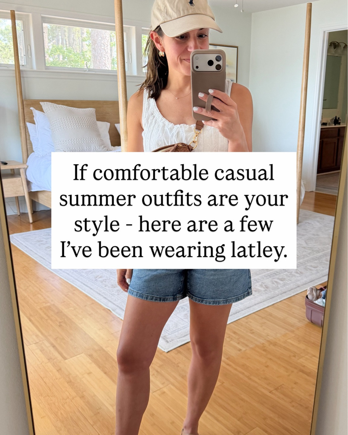 Comfortable casual outfits I’ve been wearing lately! 

Outfit 1 
Shorts (Kohl’s): 1 
Top (Abercrombie): xxs - sold out 
Sandals (Target): true to size 

Outfit 2 
Shorts (Aritzia): xs 
Tank top (Quince): xs 
Jacket (Abercrombie): xxs 
Sneakers (Quince): true to size

Outfit 3 
Dress (Quince): petite xs 
Sneakers (Quince): true to size

Outfit 4 
Sweater tank top (Abercrombie): xxs 
Linen pants (Quince): xs 28” inseam 
Sneakers (Quince): true to size

Outfit 5 
Shorts (LOFT): petite xxs 
Tank top (Abercrombie): xxs 
Sneakers (Quince): true to size

Outfit 6 
Shorts (Alo): xxs 
Top (Lululemon): xs 
Shoes (Hoka): true to size

Outfit 7 
Romper (Nordstrom): xs
Shoes (Hoka): true to size