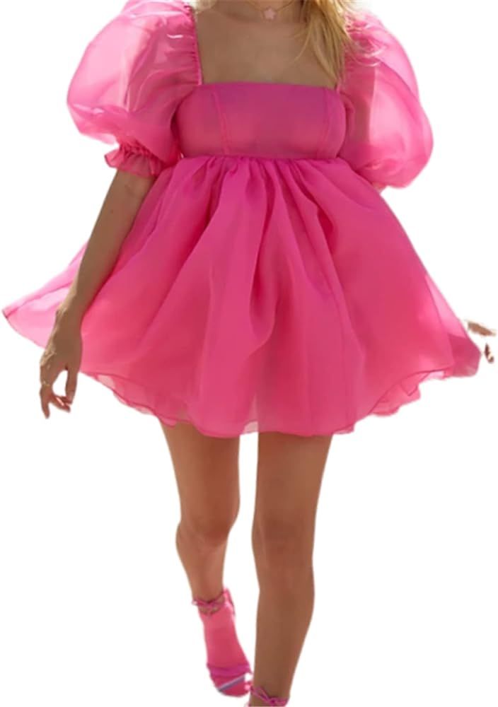 Women Puff Sleeve Ruffle Dress Flowy Princess Summer Fairy Bubble Tulle Poofy Selkie Dress Party ... | Amazon (US)