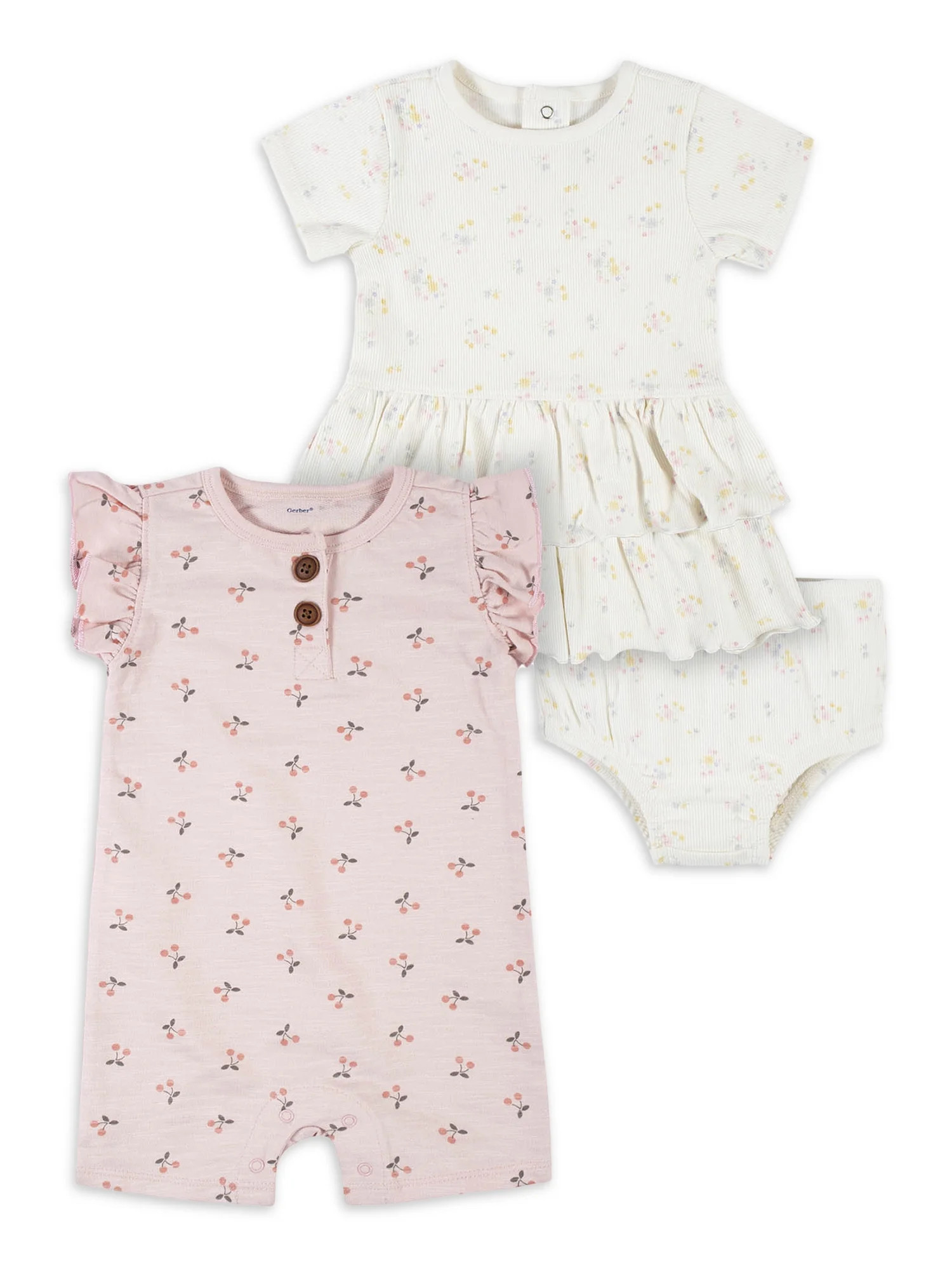 Modern Moments By Gerber Baby Girl Romper & Dress with Diaper Cover, 3-Piece Outfit Set, (0/3 Mon... | Walmart (US)