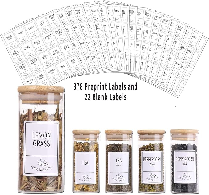 24 Glass Spice Jars with Bamboo Airtight Lids, 400 Spice Labels, Funnel and Chalk Marker Set- Chu... | Amazon (US)