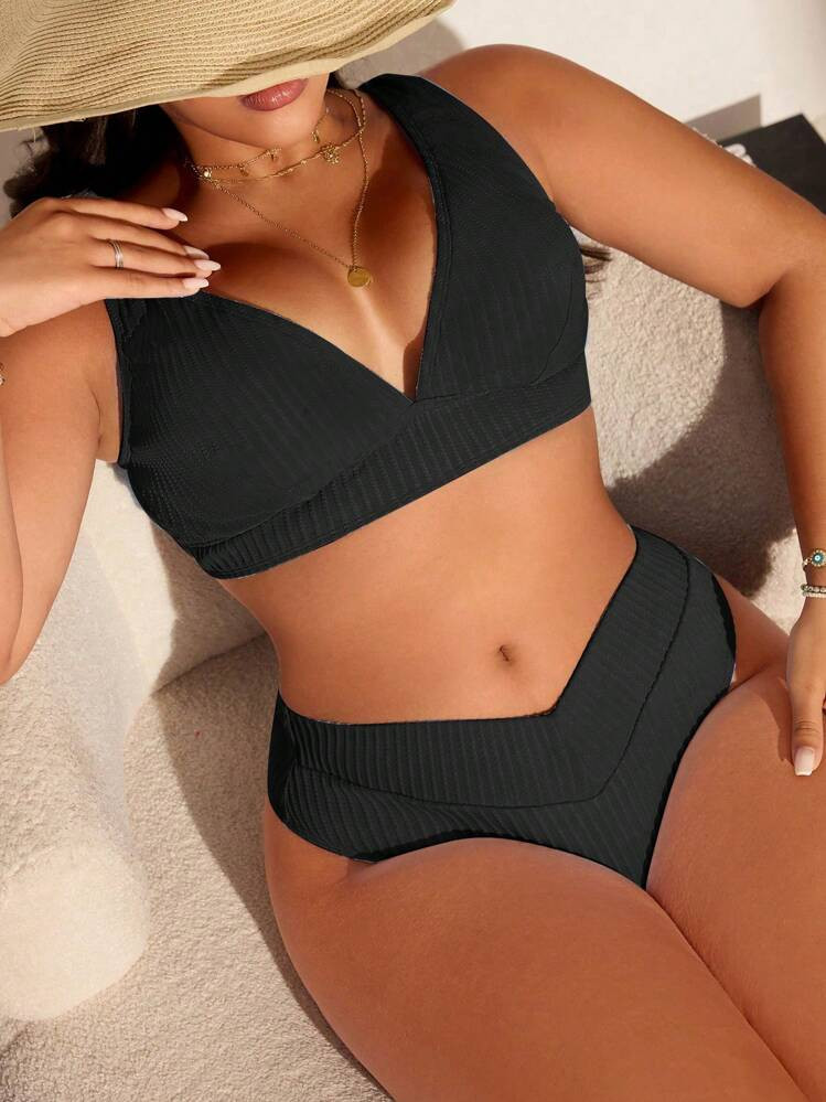 Swim Lushoire Plus Size Simple Solid Color Textured Fabric Beach & Swimwear Set For Summer Beach ... | SHEIN