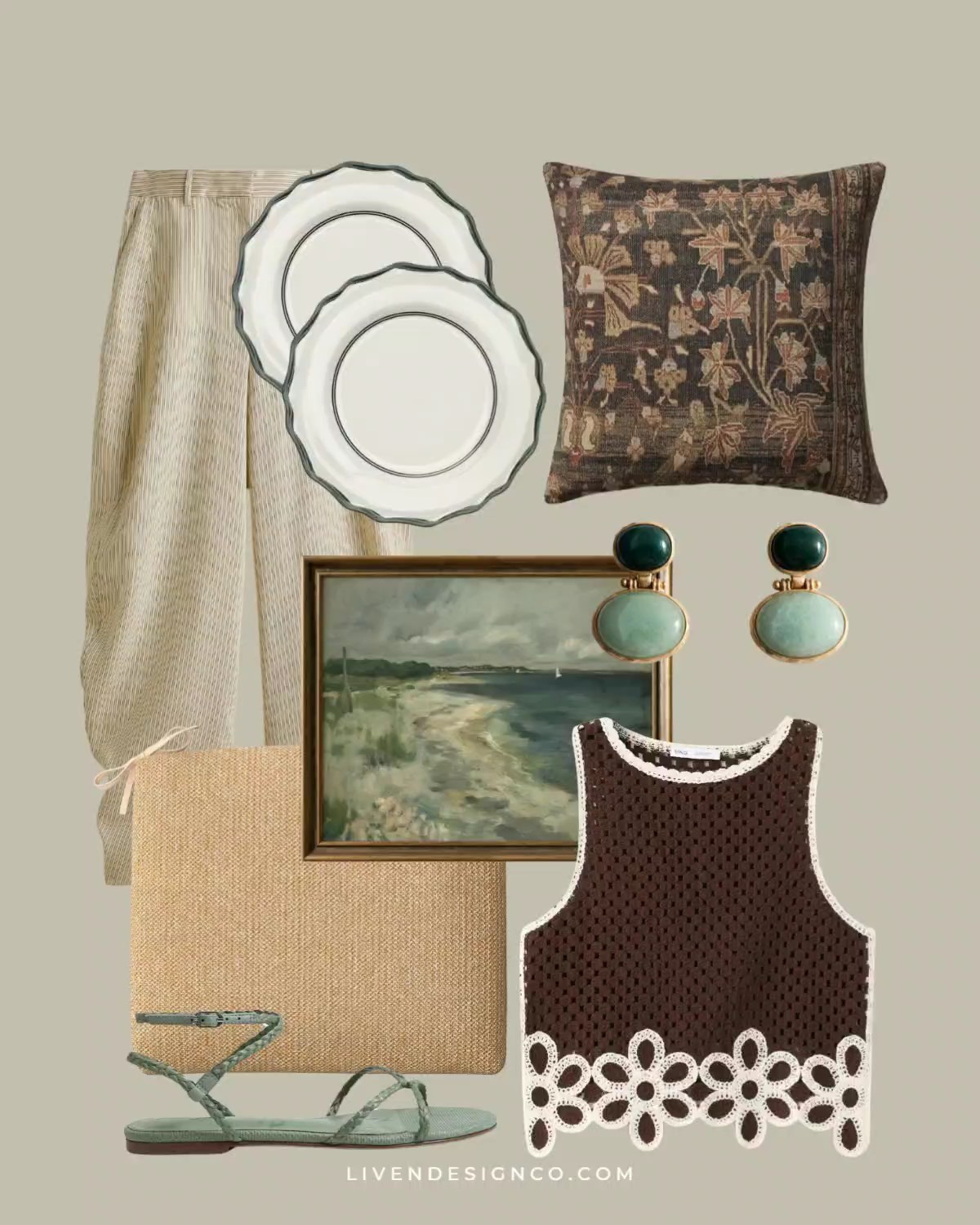 New discoveries. Summer style. Balloon pants. Melamine plates. Earrings. Mango. Cropped top. Crochet sweater top. Seascape art painting. Woven outdoor cushion. Green sandals. 

#LTKSeasonal #LTKHome #LTKSaleAlert