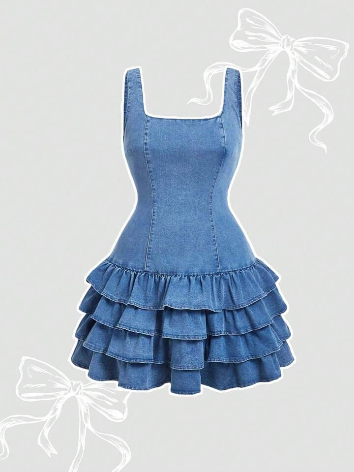 SHEIN MOD Plus Size Casual Washed Denim Dress With Tiered Ruffle Hem, Sleeveless | SHEIN