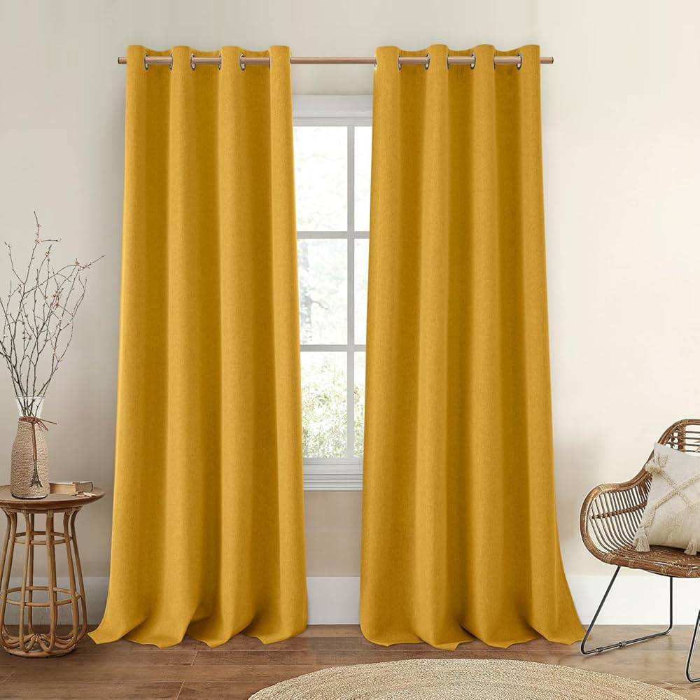 HOMEIDEAS 100% Blackout Curtains 2 Panels 52 X 96 Inches Faux Linen Curtains Mustard Yellow Room ... | Amazon (US)