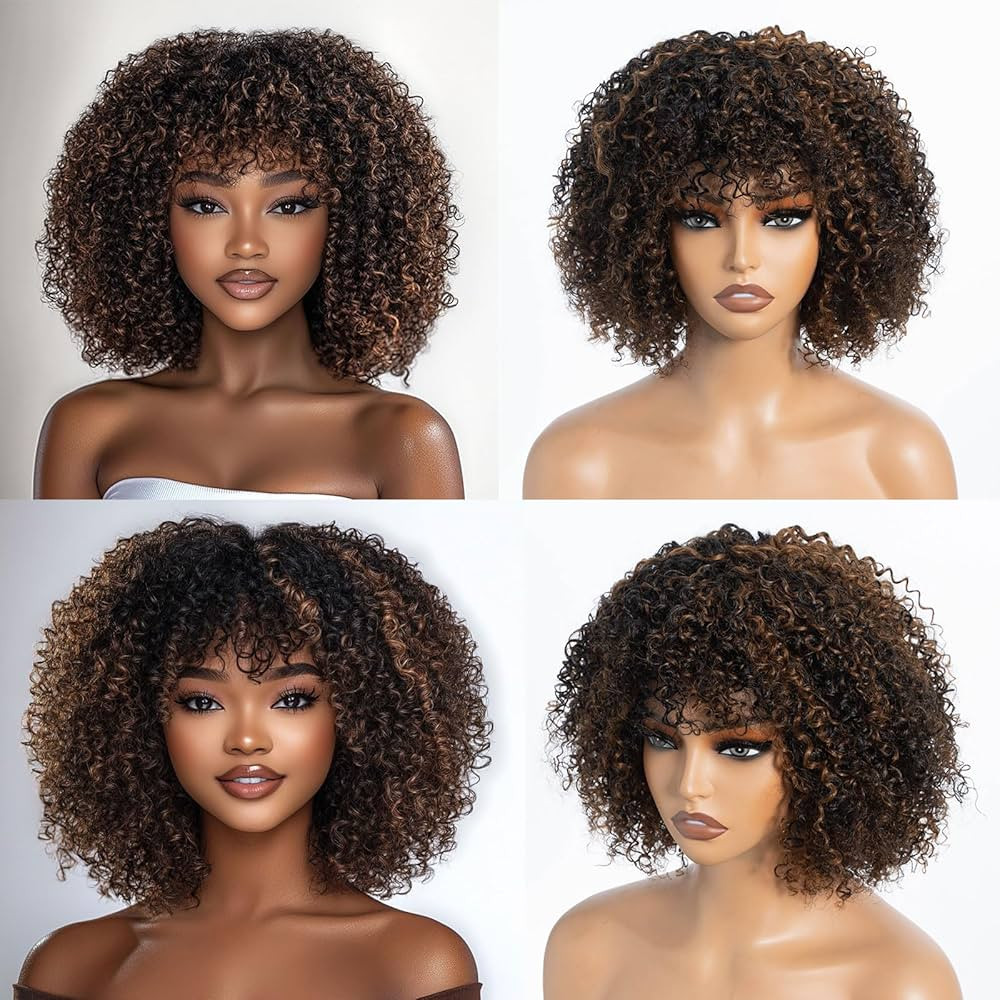 Glueless Bob Wigs Human Hair Short Curly Wigs with Bangs Wear and Go Kinky Curly Wig for Black Wo... | Amazon (US)