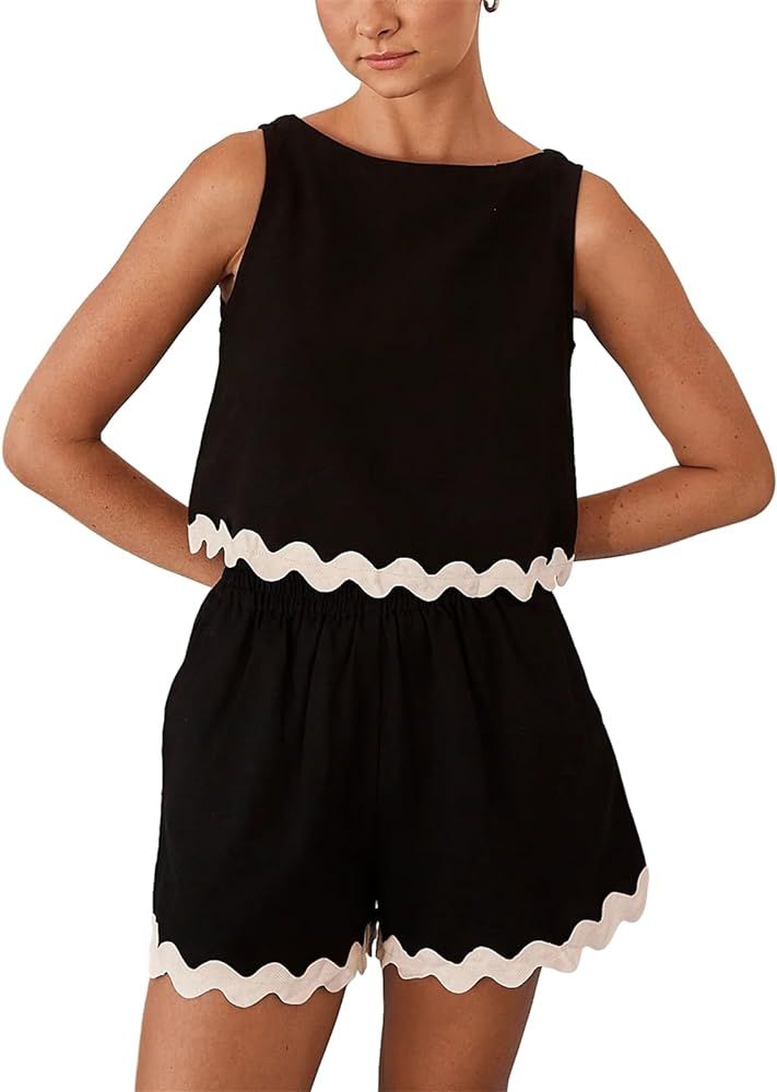 hathne Women's 2 Piece Outfits Lounge Set Sleeveless Cropped Tank Tops Ric Rac Hem Top High Waist... | Amazon (US)