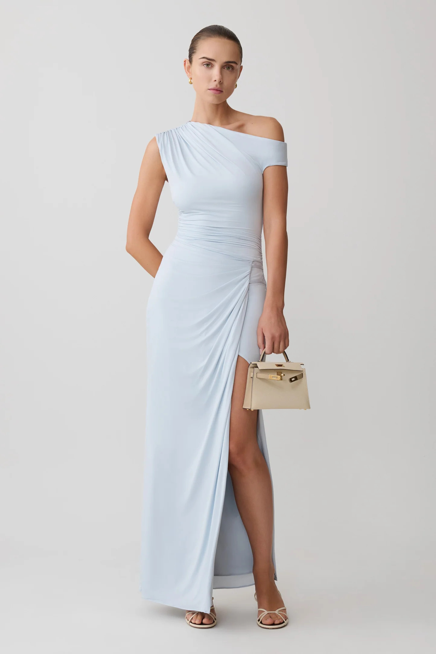 Alyn Off Shoulder Draped Maxi Dress - Pale Blue | Meshki UK