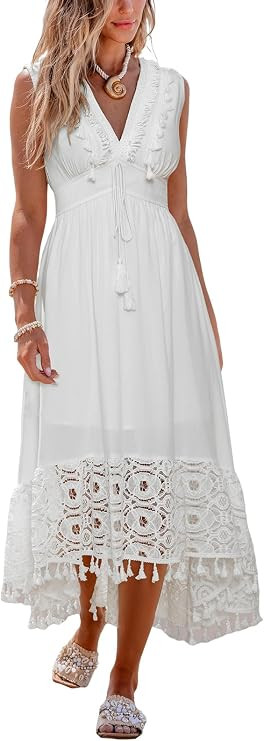 CUPSHE Women's Maxi Dress V Neck Sleeveless Lace Tassel Smocked Waist Cover Up Beach Formal Long ... | Amazon (US)