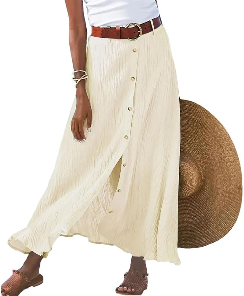 Women's Summer Flowy Boho Button Front Maxi Skirt Cotton Linen Floral Casua Loose A-Line Beach Lo... | Amazon (US)