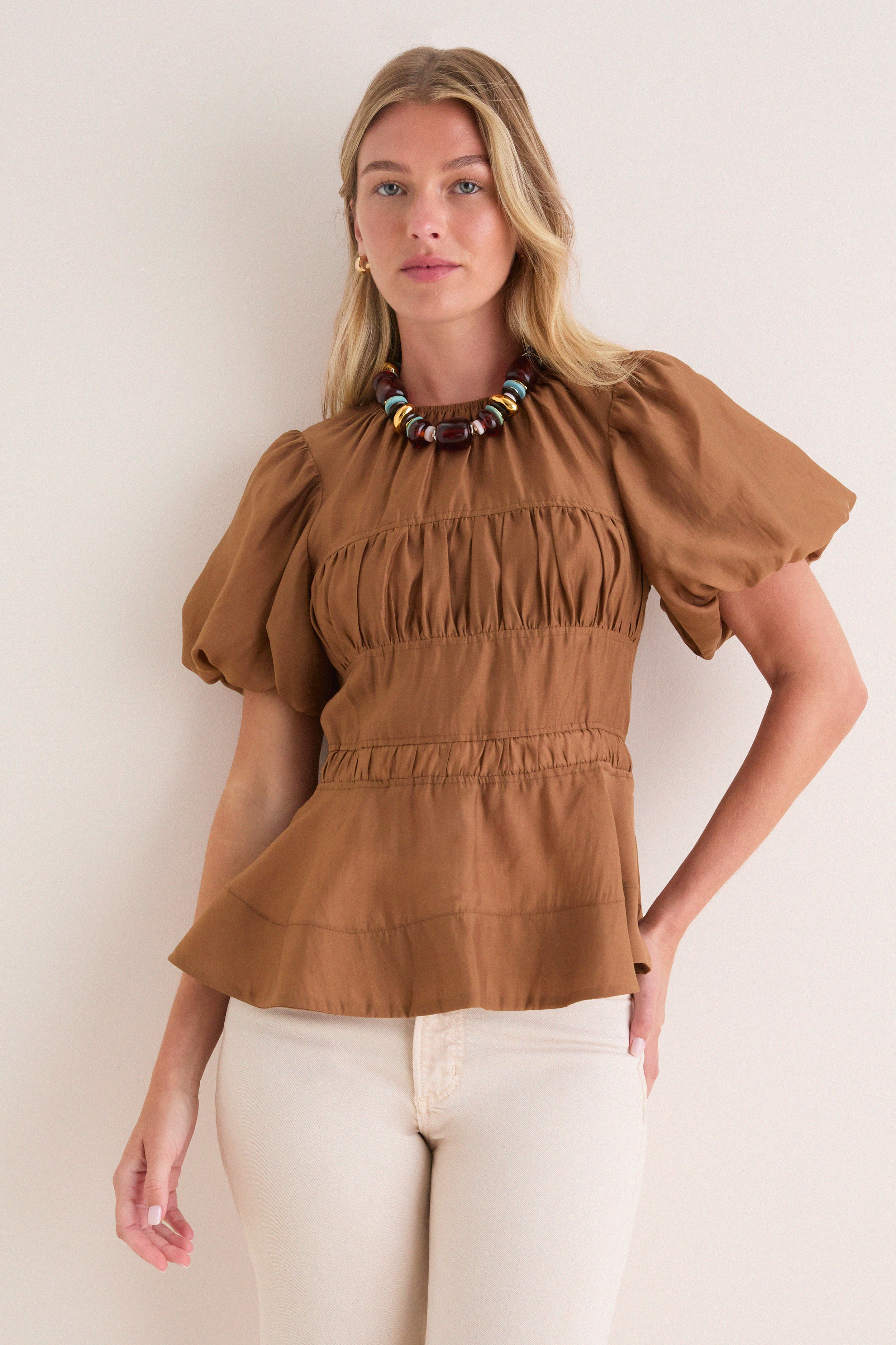 Camel Puff Sleeve Peplum Top | Tuckernuck (US)