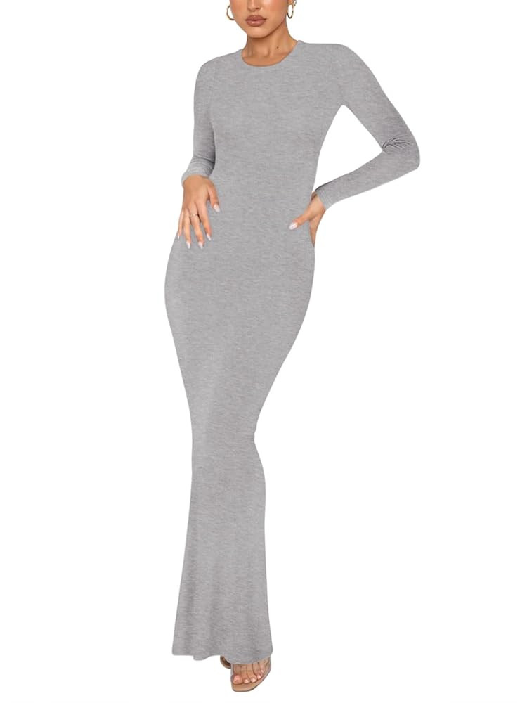 REORIA Women's Sexy Crew Neck Lounge Long Dress Elegant Long Sleeve Ribbed Bodycon Maxi Dresses | Amazon (UK)