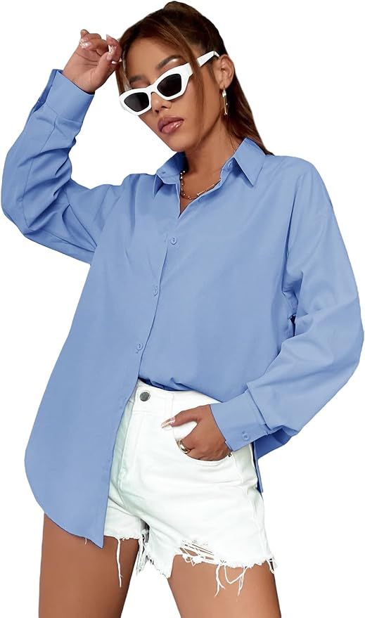 MakeMeChic Women's Oversized Button Down Shirts Collared Button Up Shirt Blouse Top | Amazon (US)