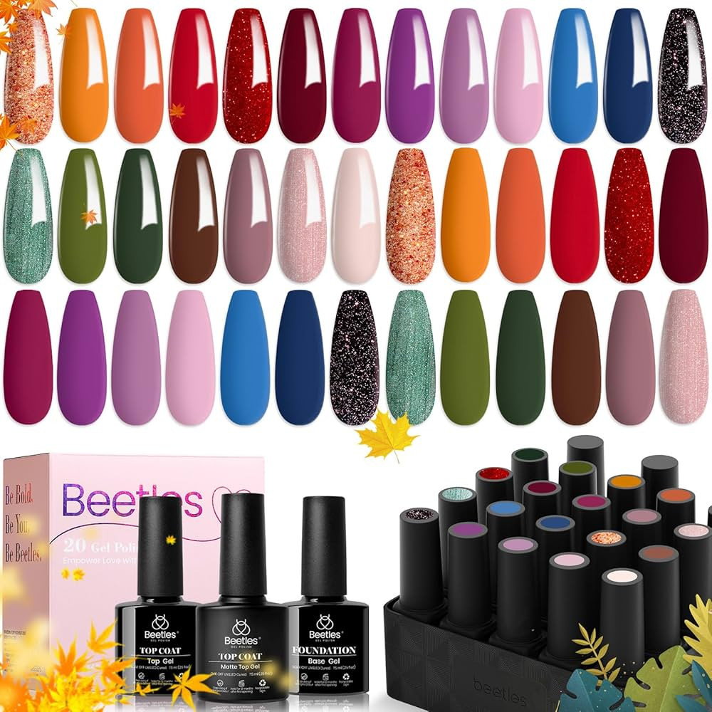 beetles Gel Polish Nail Set 20 Colors Fall Yard Collection Orange Brown Red Navy Blue Glitter Gel... | Amazon (US)