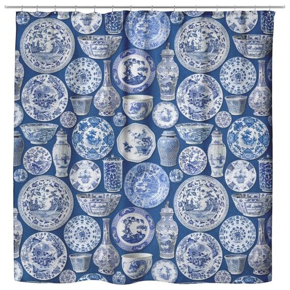 Chinoiserie Asian Pottery Print Shower Curtain 70" x 73" Blue & White Bathroom Decor, Chinoiserie... | Etsy (US)
