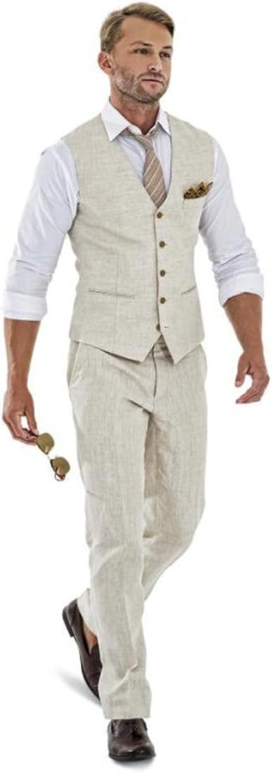 Casual Linen Beige Men's 2 Piece Suits Wedding Suits Slim Fit Groomsmen Tuxedos Prom Blazer Custo... | Amazon (US)