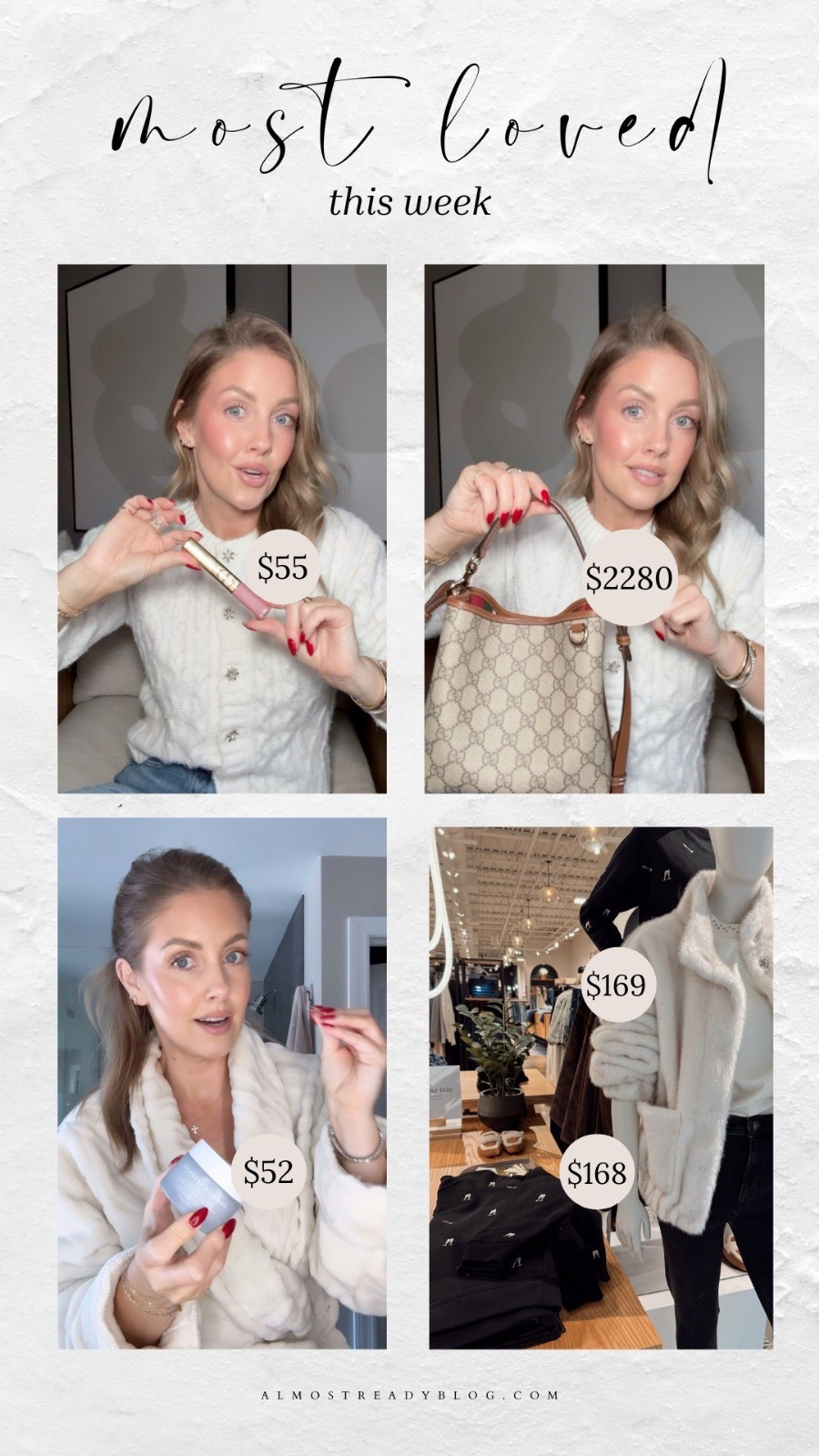 Most loved in the week, gucci bucket bag, skincare faves, makeup faves, faux fur jacket, amanda west, almost ready ready.

#LTKBeauty #LTKFindsUnder100