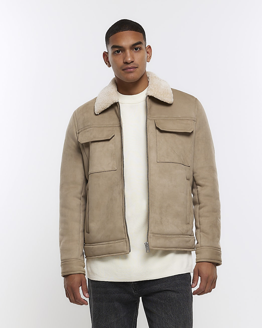 Stone regular fit shearling western jacket | River Island (UK & IE)