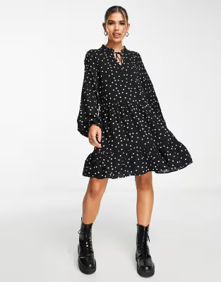 Vero Moda smock mini dress with tie neck in spot print | ASOS (Global)