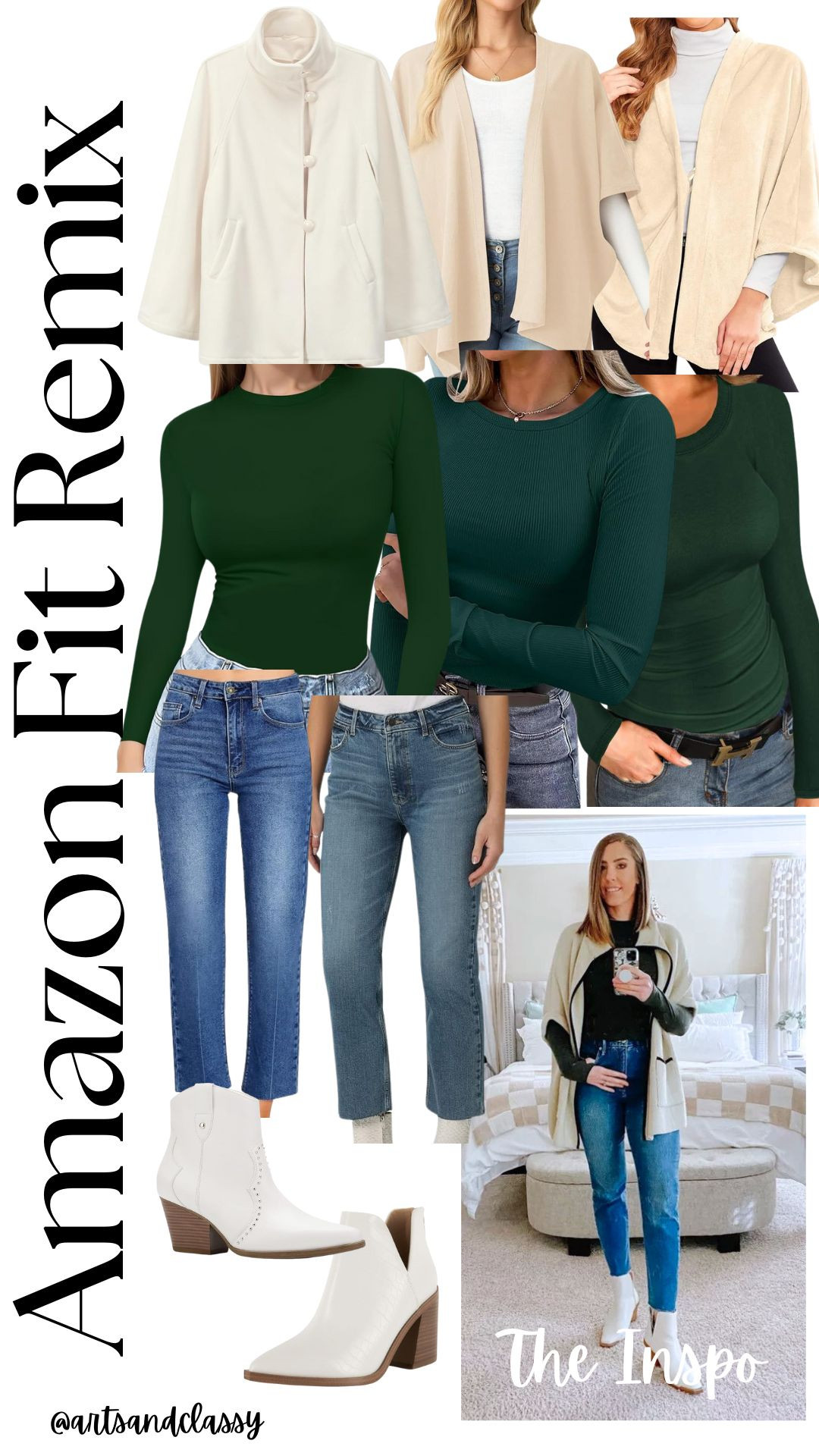 Holiday outfit inspo! Obsessed with this beige riding cape coat paired with forest green, cropped jeans, and white western booties. Perfect for festive gatherings or cozy Christmas vibes. Shop the look now on my LTK! #LTKCyberWeek #HolidayOutfits #ChristmasOutfits 

 #LTKHoliday #LTKSeasonal #LTKStyleTip