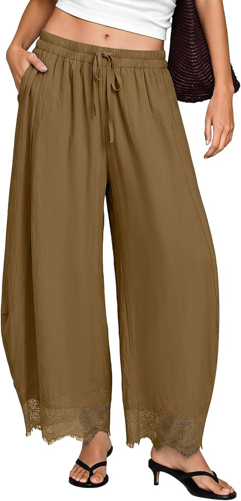 Lace Pants for Women Summer Casual Cropped Drawstring Waist Balloon Pants Lightweight Wide Leg Be... | Amazon (US)