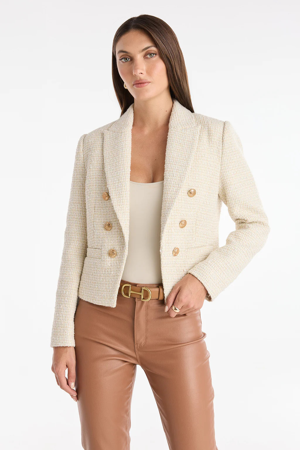 Gabrielle Tweed Double Breasted Blazer - Beige | The Noli Shop