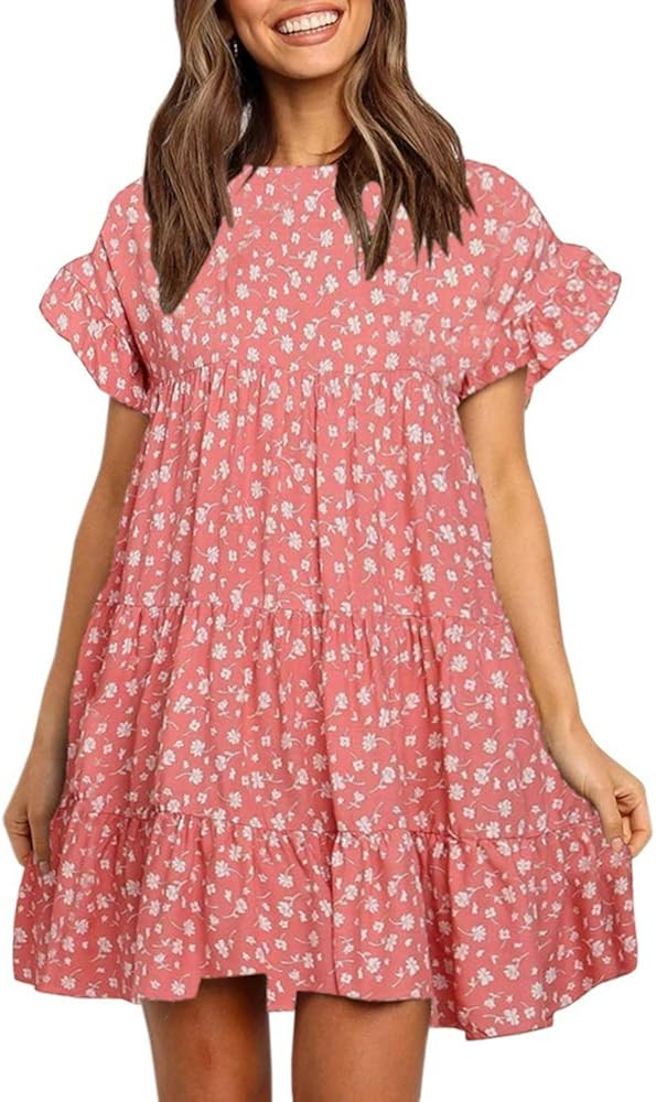 Imysty Womens Boho Floral Printed Babydoll Ruffles Casual Loose Short Mini T-Shirt Dress | Amazon (US)