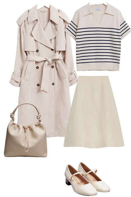 Neutral capsule outfit for spring. #trenchcoat #trech #alineskirt #bretontop #bretonstripe #stripedtop #stripedpolo #buckleshoes #dollshoes #flats #drawstringbag

#LTKover40 #LTKSeasonal #LTKstyletip