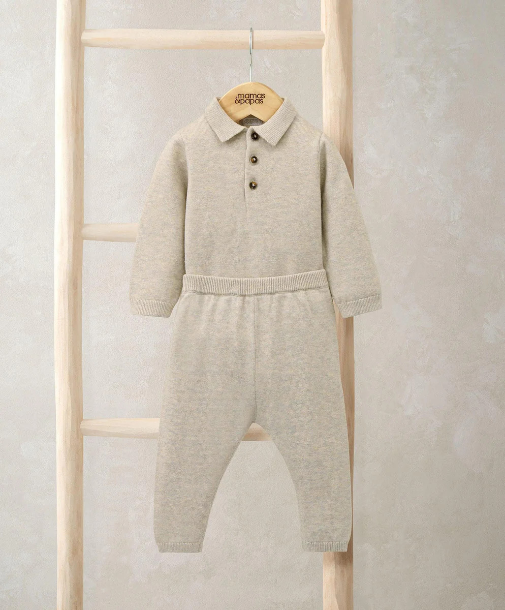 Oatmeal Knit Polo Bodysuit & Bottoms Set (2 Pieces) | Mamas & Papas