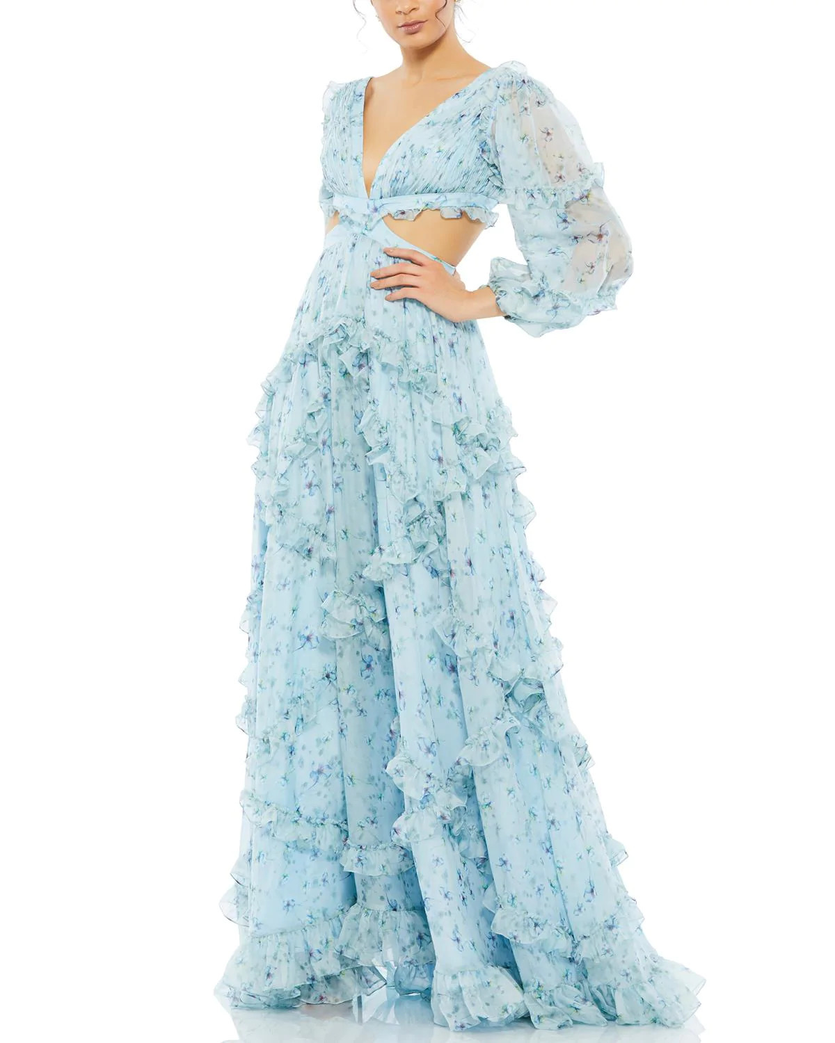 Ieena for Mac Duggal Women's Long Sleeve Ruffle Chiffon Empire Waist Gown in Powder Blue 6 Lord & Ta | Lord & Taylor