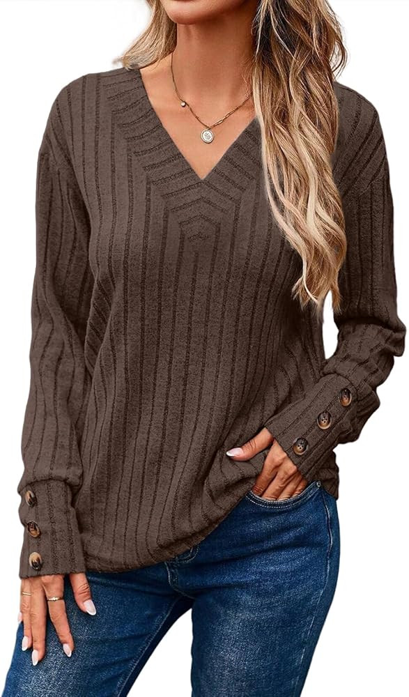 Dokotoo Womens Soft Long Sleeve V Neck Shirts Solid Casual Decorative Buttons Knitted Pullover Tu... | Amazon (US)