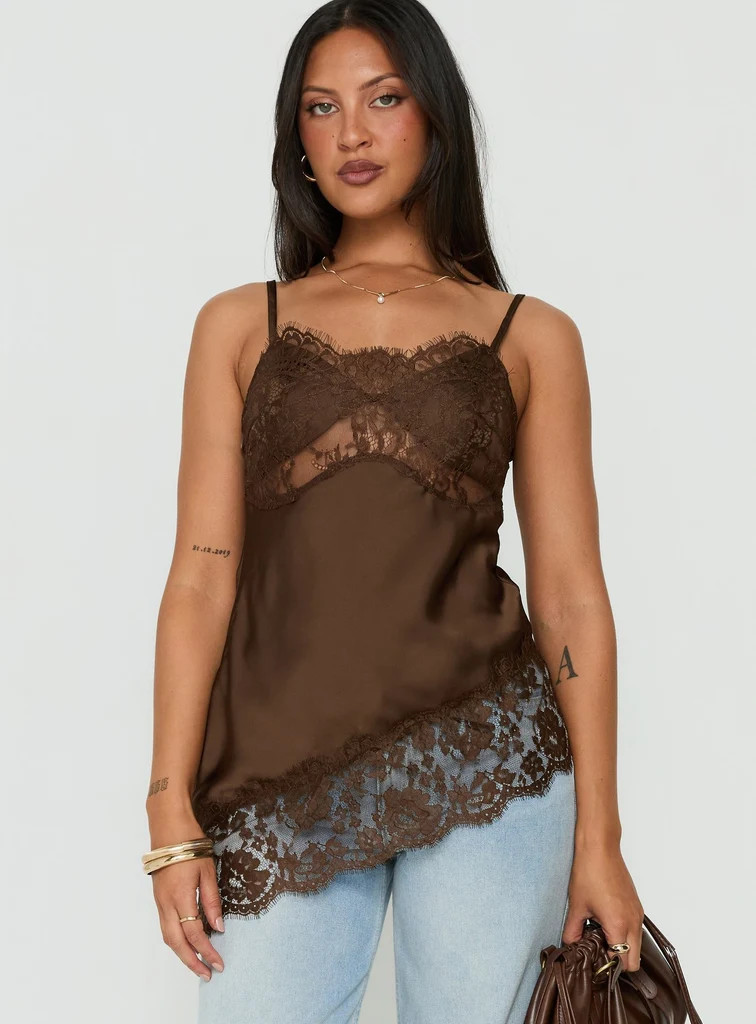 Cleosa Asymmetrical Lace Trim Satin Top Chocolate | Princess Polly US