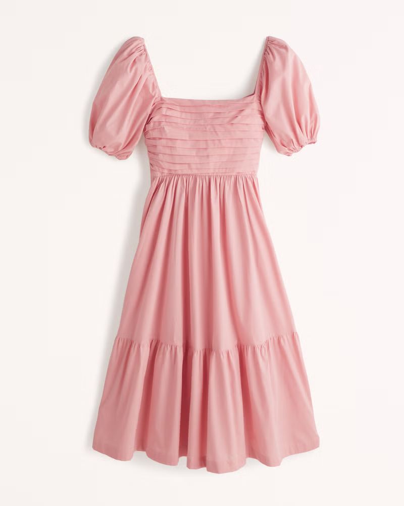 Ruched Puff Sleeve Poplin Midi Dress | Abercrombie & Fitch (US)