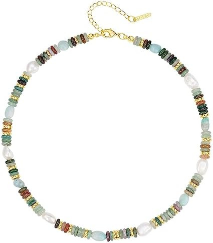 KissYan Beaded Gemstone Necklace for Women, Colorful Boho Bead Choker Natural Stone Surfer Beach ... | Amazon (US)
