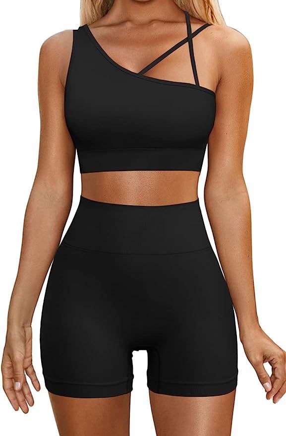 Amazon.com: QINSEN Yoga Outfit for Women Seamless 2 Piece GMY Workout Sets One Shoulder Tank Tops... | Amazon (US)