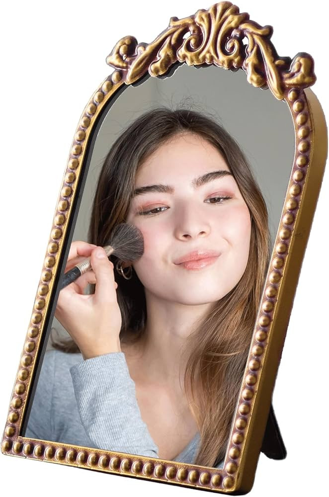 Vintage Vanity Mirror, Table Makeup Mirror with Stand, Gold Antique Mirror for Desk with Metal Fr... | Amazon (US)