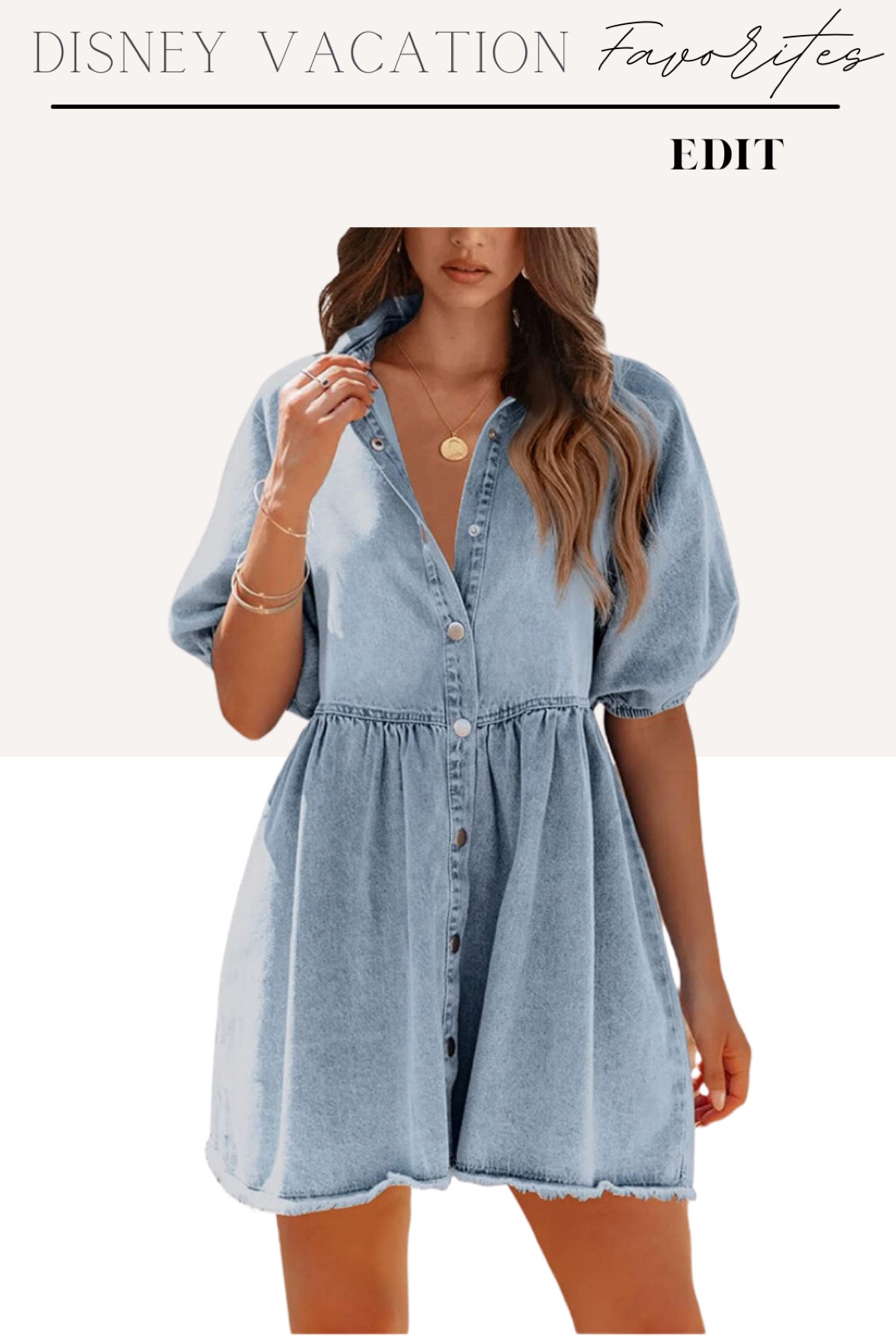 Puff sleeve button up denim mini dress, Disney World outfit inspiration, Summer look, resort wear

#LTKunder50 #LTKtravel #LTKU