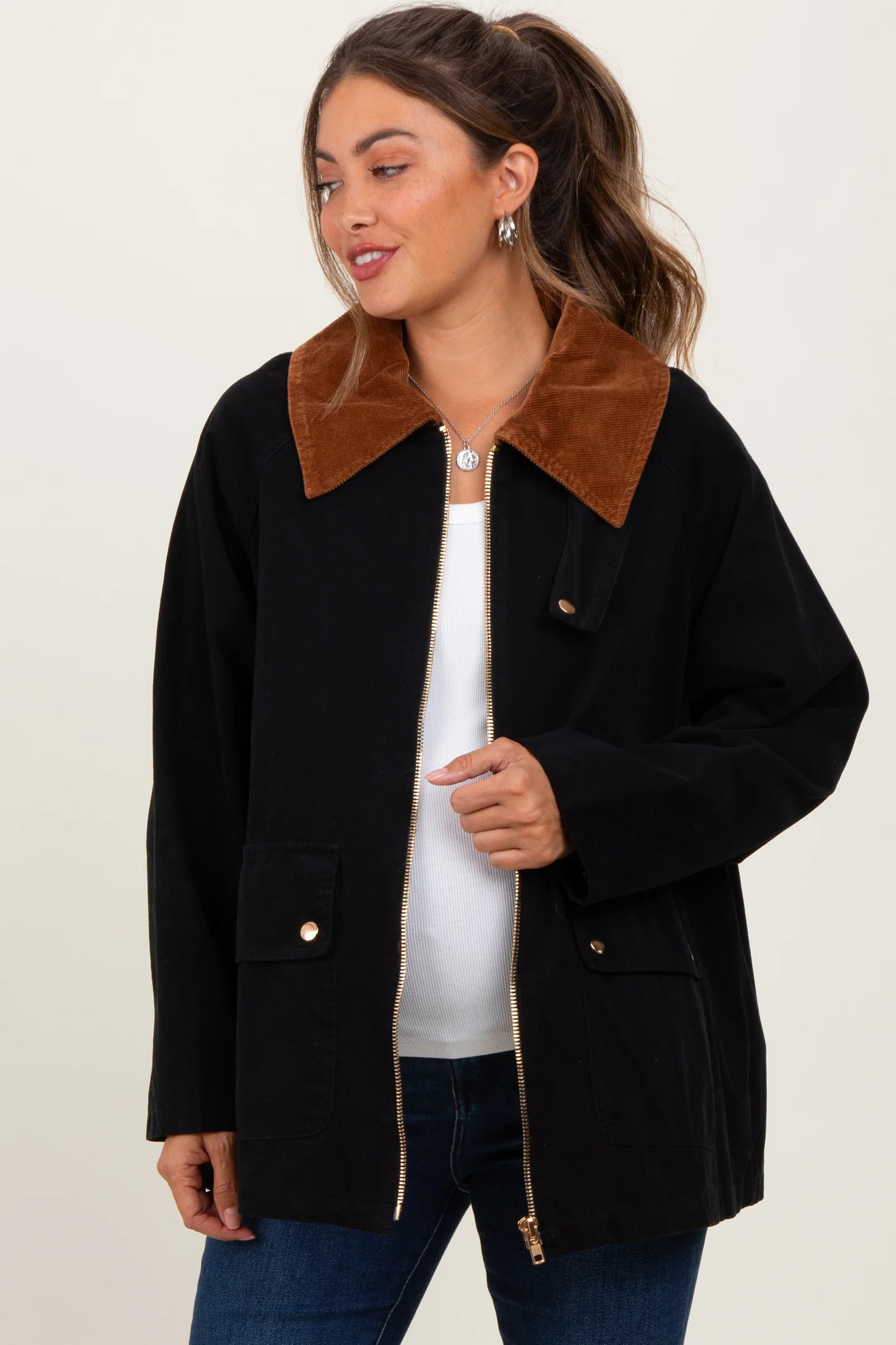 Black Gingham Lined Maternity Zipper Jacket | PinkBlush Maternity