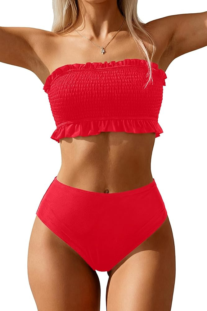 Tempt Me Women Bandeau High Waisted Bikini Sets Smocked Swimsuit Strapless Two Piece Bathing Suit | Amazon (US)