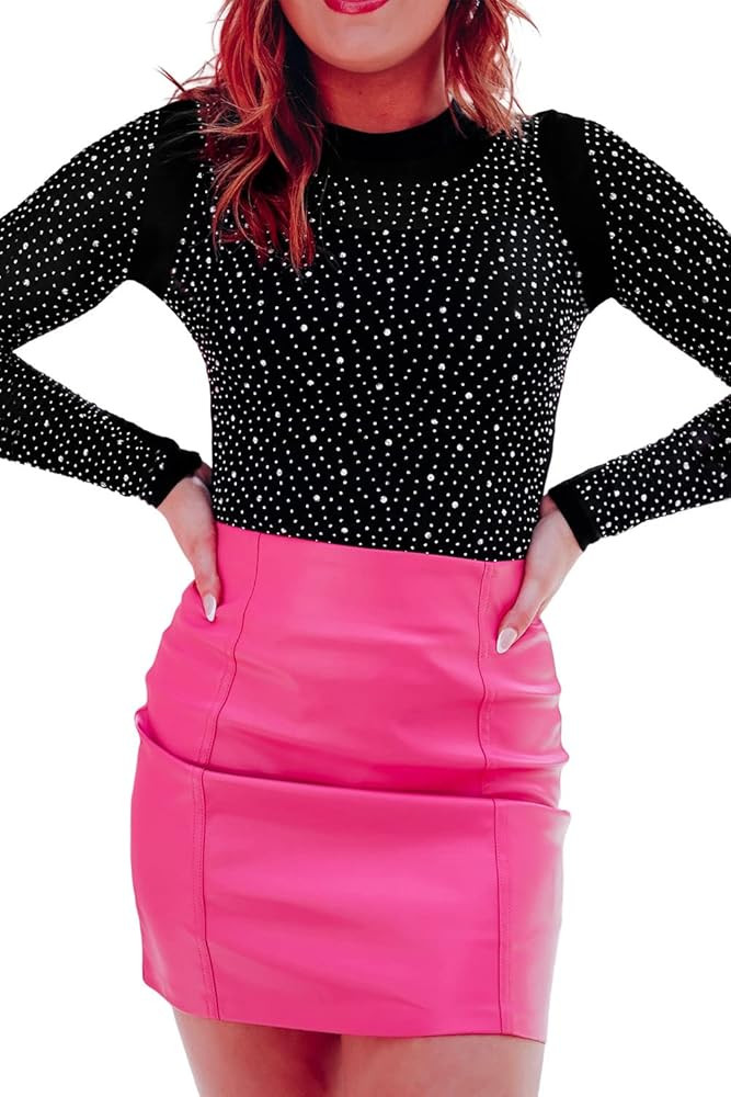 Hotmiss Seamless Long Sleeve Thong Bodysuit for Women Rhinestone Studded Fishnet Tops Thong Shirt | Amazon (US)