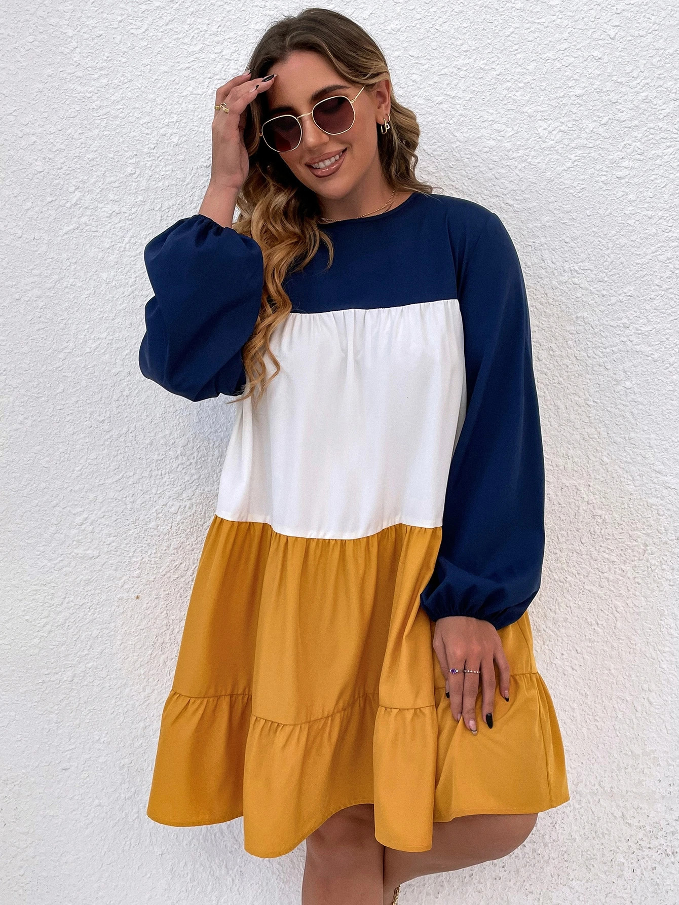 Plus Color Block Lantern Sleeve Ruffle Hem Smock Dress | SHEIN