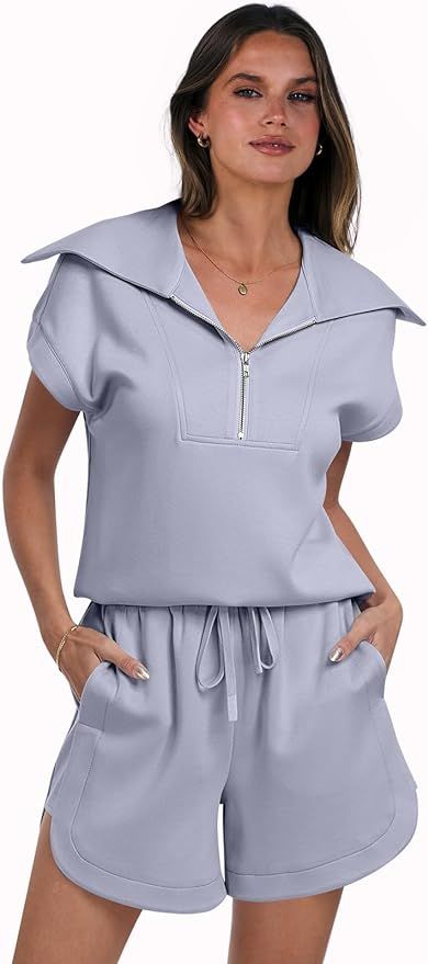 ANRABESS Women 2 Piece Outfits Sweatsuit Half Zip Lapel Collar Short Sleeve Tops Sweat Shorts Lou... | Amazon (US)