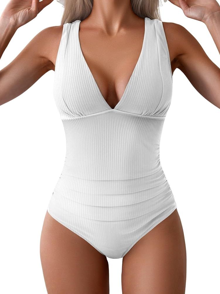 Eomenie Women's One Piece Swimsuit Slimming Tummy Control Bathing Suit Wide Straps Plunge V Neck ... | Amazon (US)