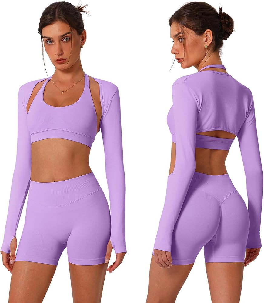 ABOCIW 3 Piece Workout Sets for Women Seamless Halter Sports Bra High Waist Biker Shorts Long Sle... | Amazon (US)