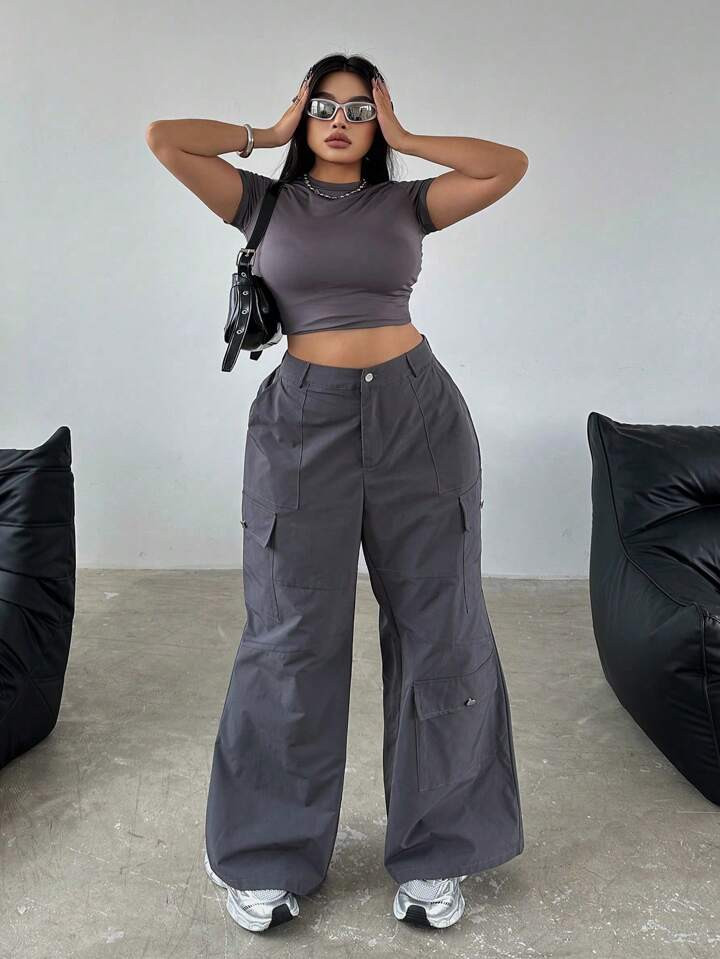 SHEIN EZwear Plus Size Casual Solid-Colored Wide-Leg Cargo Pants With Multiple Pockets | SHEIN US... | SHEIN