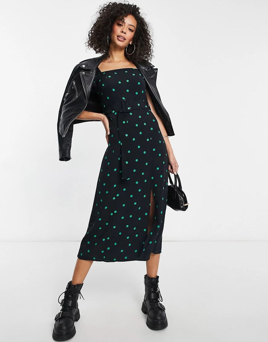 New Look square neck belted midi dress in polka dot-Multi | ASOS (Global)