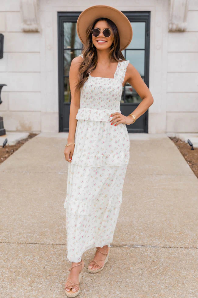 She's Breathless Floral Smocked Midi Ivory Dress | The Pink Lily Boutique