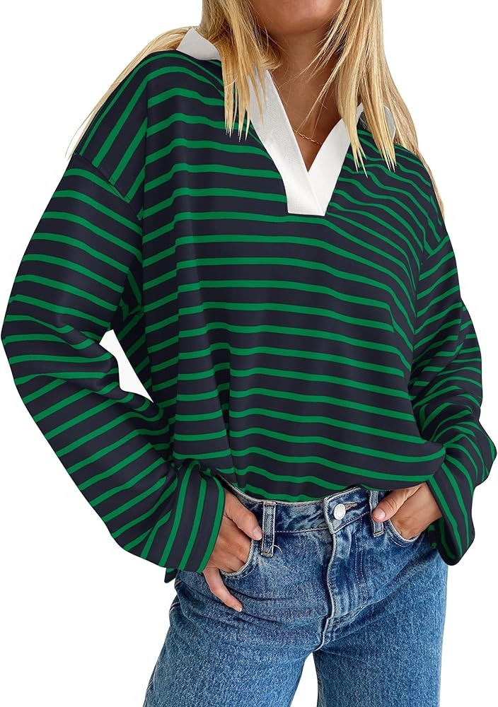 ZESICA Womens Striped Long Sleeve Tops Oversized Sweatshirt V Neck Loose Fit Tunic Tops Spring Ca... | Amazon (US)