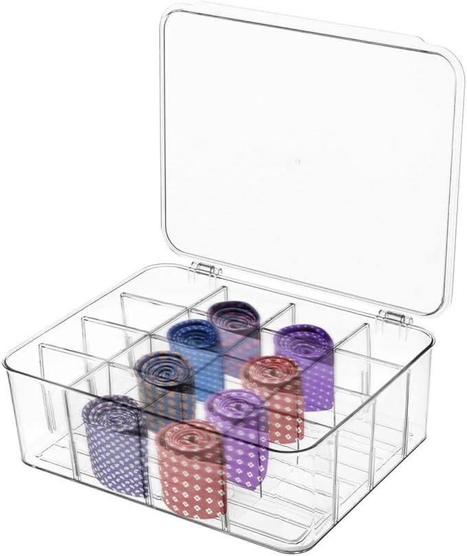 Tie Organizer Dividers Box, 16 Compartment Sock Underwear Drawer Organizer with Lid, Removable Di... | Amazon (US)